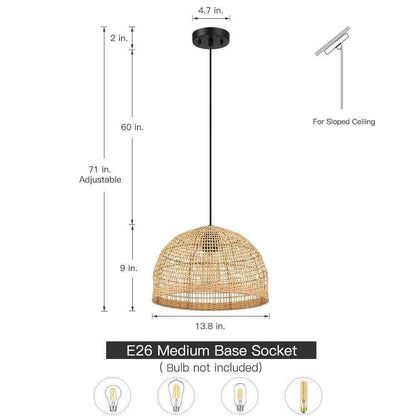 TRUE FINE Bungalo 1-Light Black/Wheat Bohemian Island Pendant w/ Rattan Shade