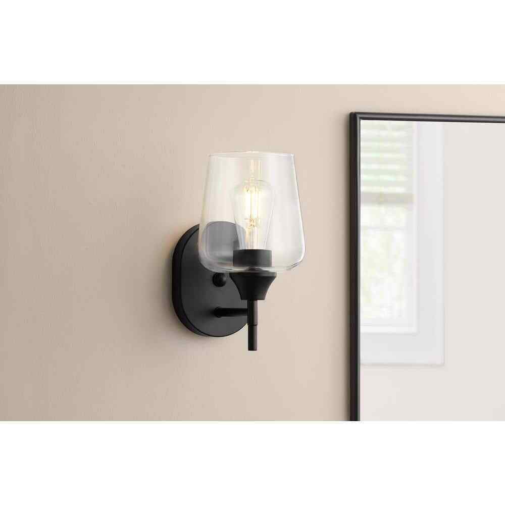 Hampton Bay Pavlen 5.5 in. 1-Lights Black Sconce with Clear Glass Shade