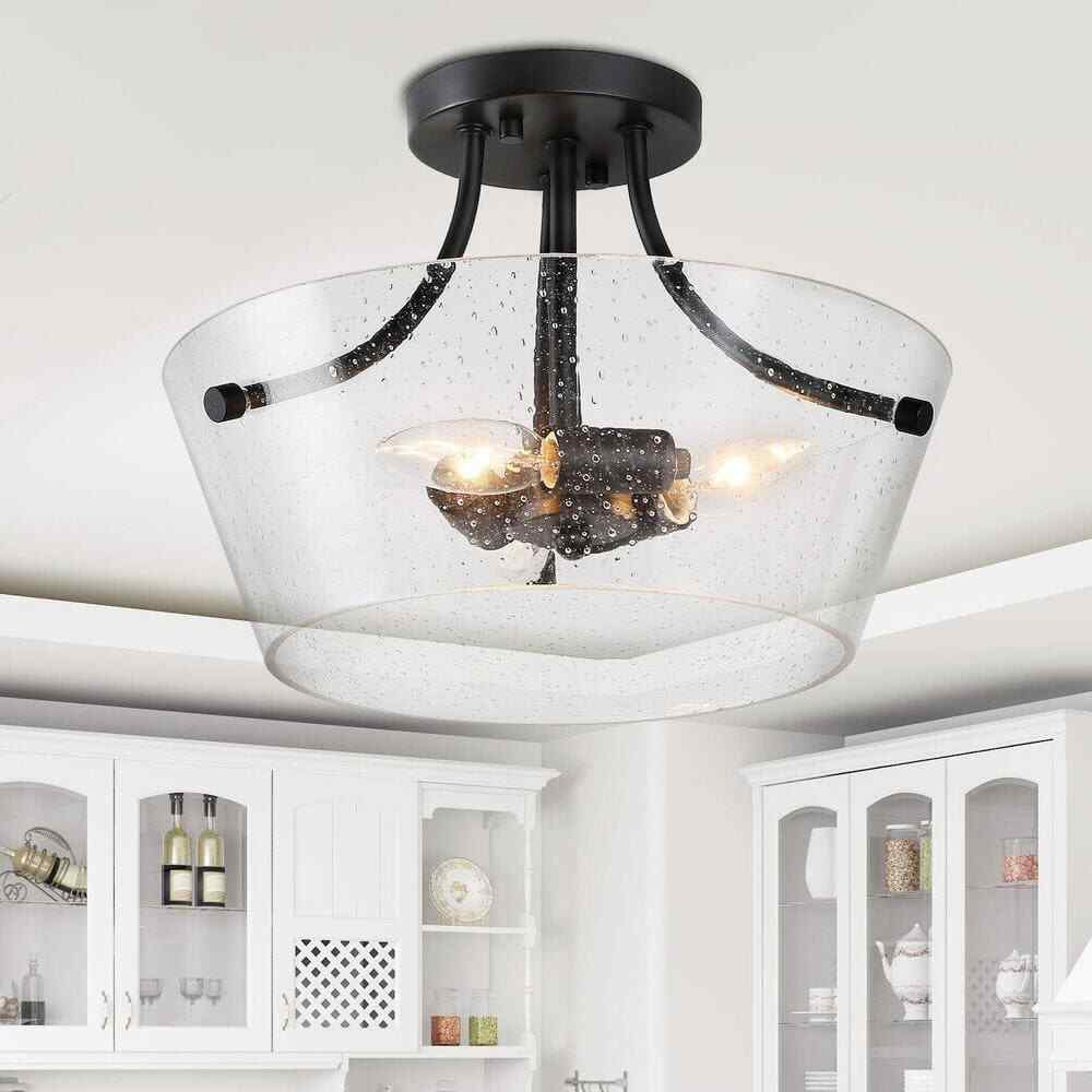 LNC Modern Black Farmhouse 3-Light Semi-Flush Mount Center-Bowl Ceiling Light
