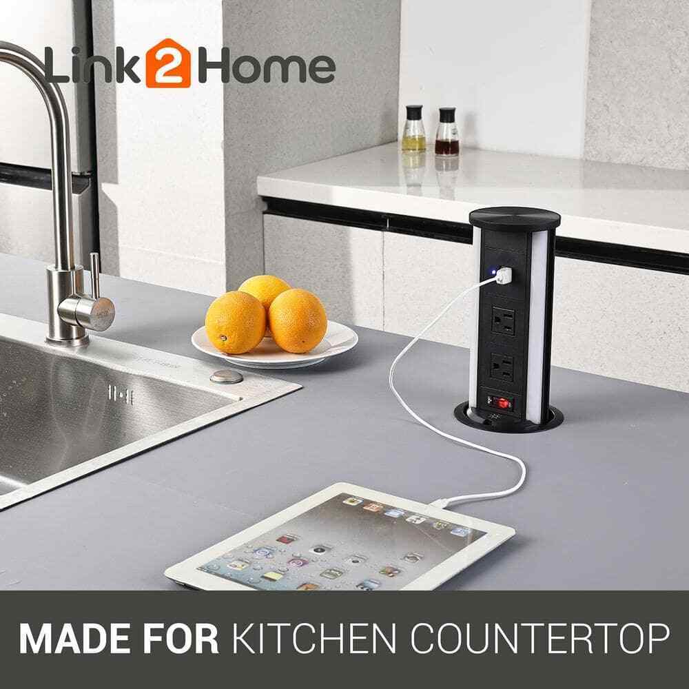 Link2Home 2-Outlets Automatic Pop Up Socket w/10-Watt Induction Wireless Charger