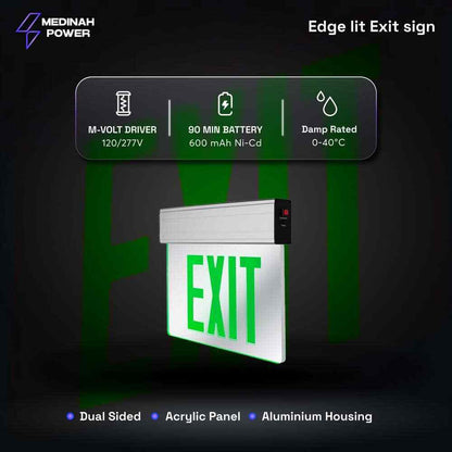 MEDINAH POWER LED Emergency Edge-Lit Exit Sign, Damp Rated GREEN Letters