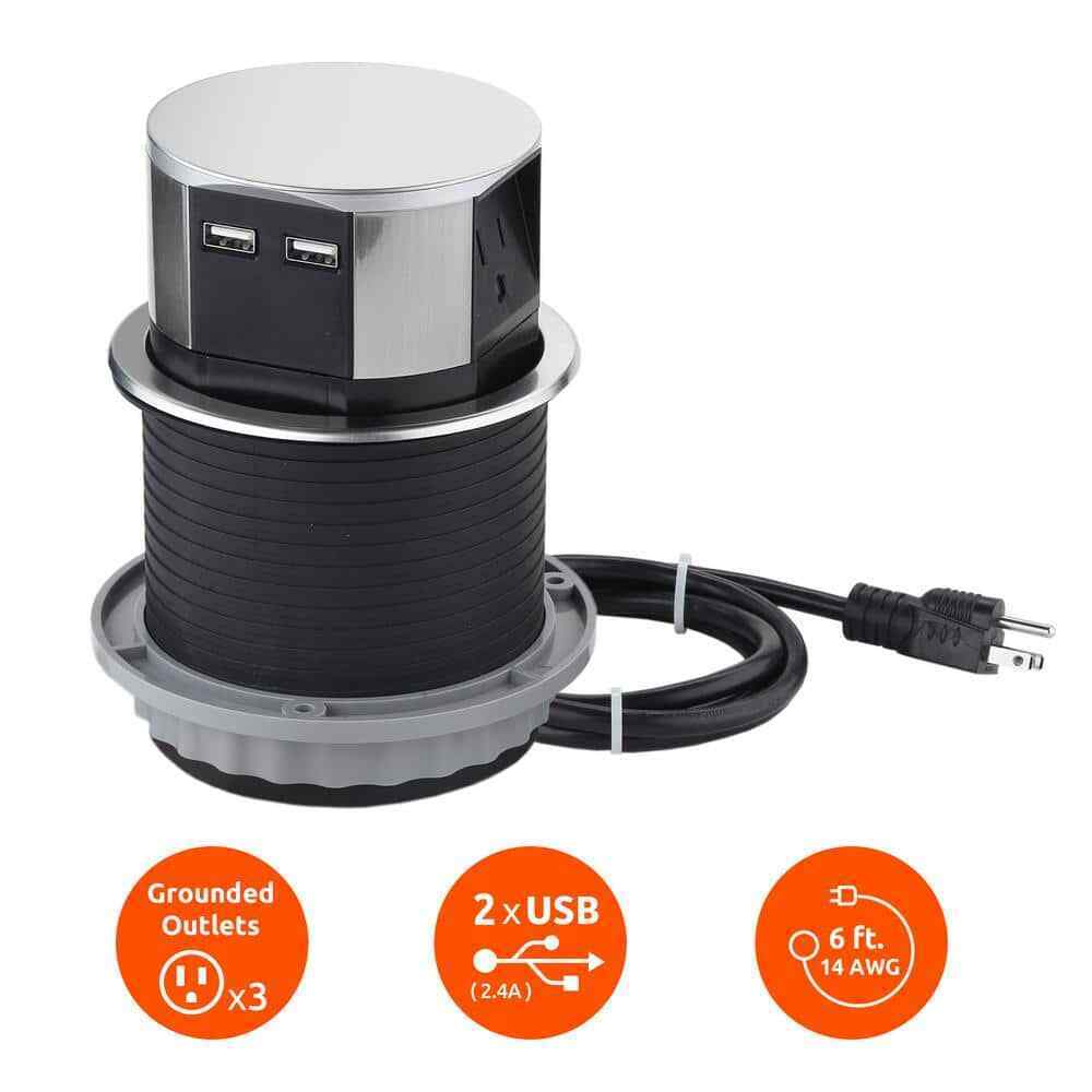Link2Home Space Saver Pop Up-Outlet 3 Power Outlets 15 Amp 2 USB Ports