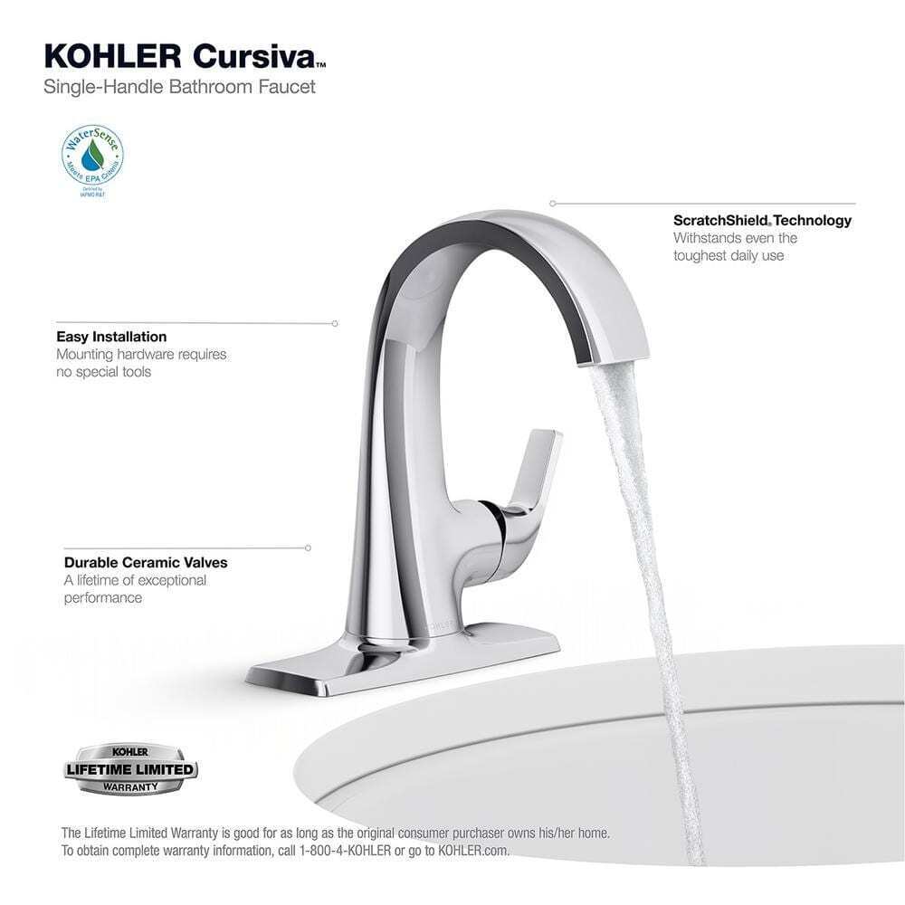 KOHLER Cursiva Single Handle Single Hole Bathroom Faucet in Polished Chrome