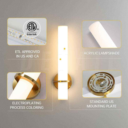 KAISITE Modern LED Wall Sconce w/ Frosted Cylindrical Acrylic Shade, Set of 2