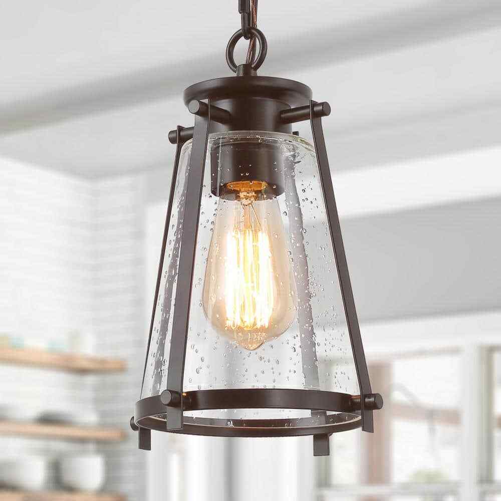 LNC Asaf Oil-Rubbed Bronze Mini Lantern Pendant Light w/ Seeded Glass Shade