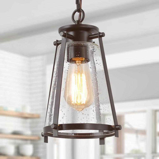 LNC Asaf Oil-Rubbed Bronze Mini Lantern Pendant Light w/ Seeded Glass Shade