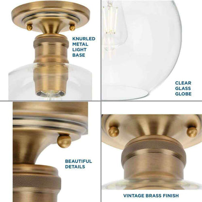 Progress Lighting Hansford Vintage Brass Clear Glass Farmhouse Flush Mount Light
