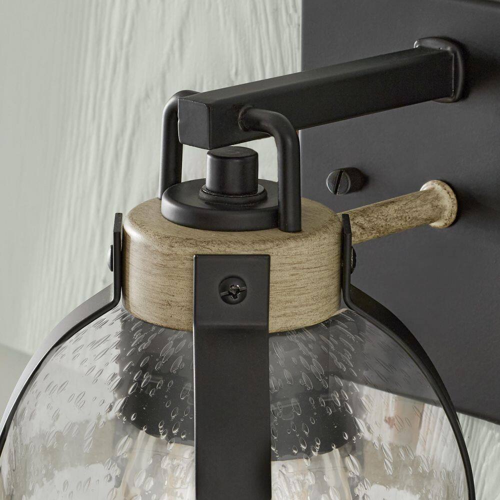 Hampton Bay Vinwood 1-Light Matte Black and Faux Wood Hardwired Wall Sconce
