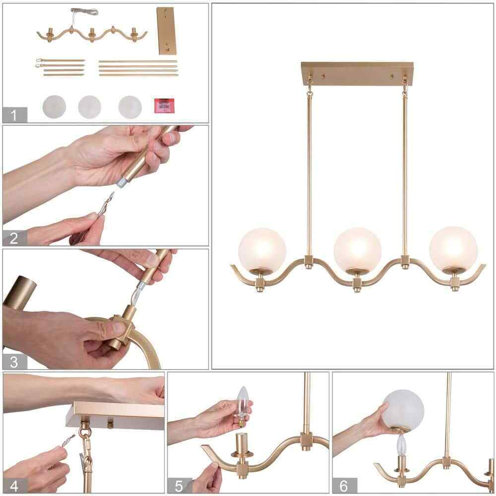 LNC Brass Gold Chandelier 3-Light High Ceiling Light with Frosted Glass Shades