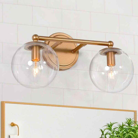 Uolfin Modern Globe Bathroom 2-Light Brass Gold Round Wall Sconce Light