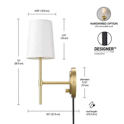 Hampton Bay Ridgeway 1-Light Brass Wall Sconce Plug-in or Hardwire Dimmable