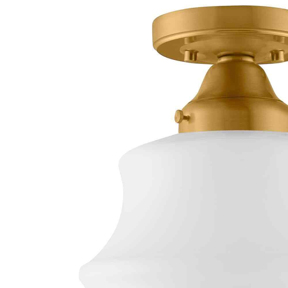 Home Decorators Schoolhouse 10 in. Aged Brass Semi Flush Mount Light Opal Glass