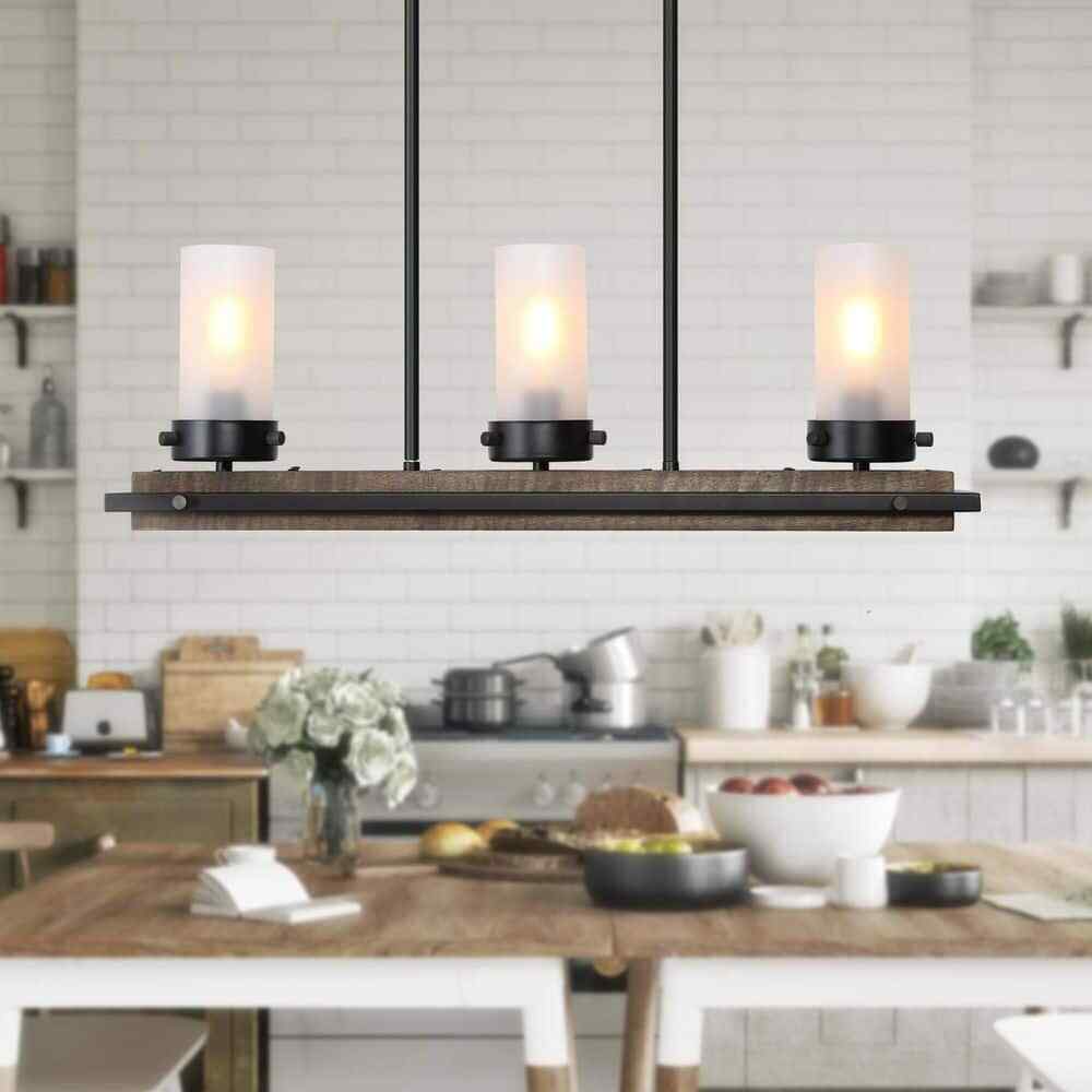 LNC 3-Light Black Island Wood Chandelier w/ Cylinder White Frosted Glass Shades