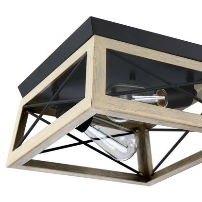 Pia Ricco 12 in. 2-Light Matte Black and Ocean View Oak Flush Mount