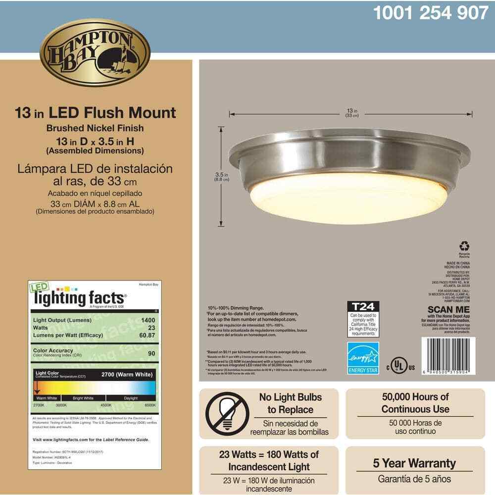 Hampton Bay Savannah 13 in. Brushed Nickel Selectable LED Flush Mount IKE8091L-5