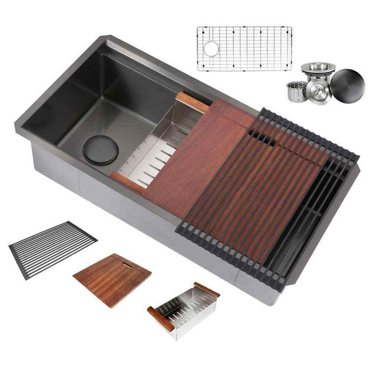 eModernDecor Workstation Undermount Stainless Steel 32 in. Kitchen Sink in Black