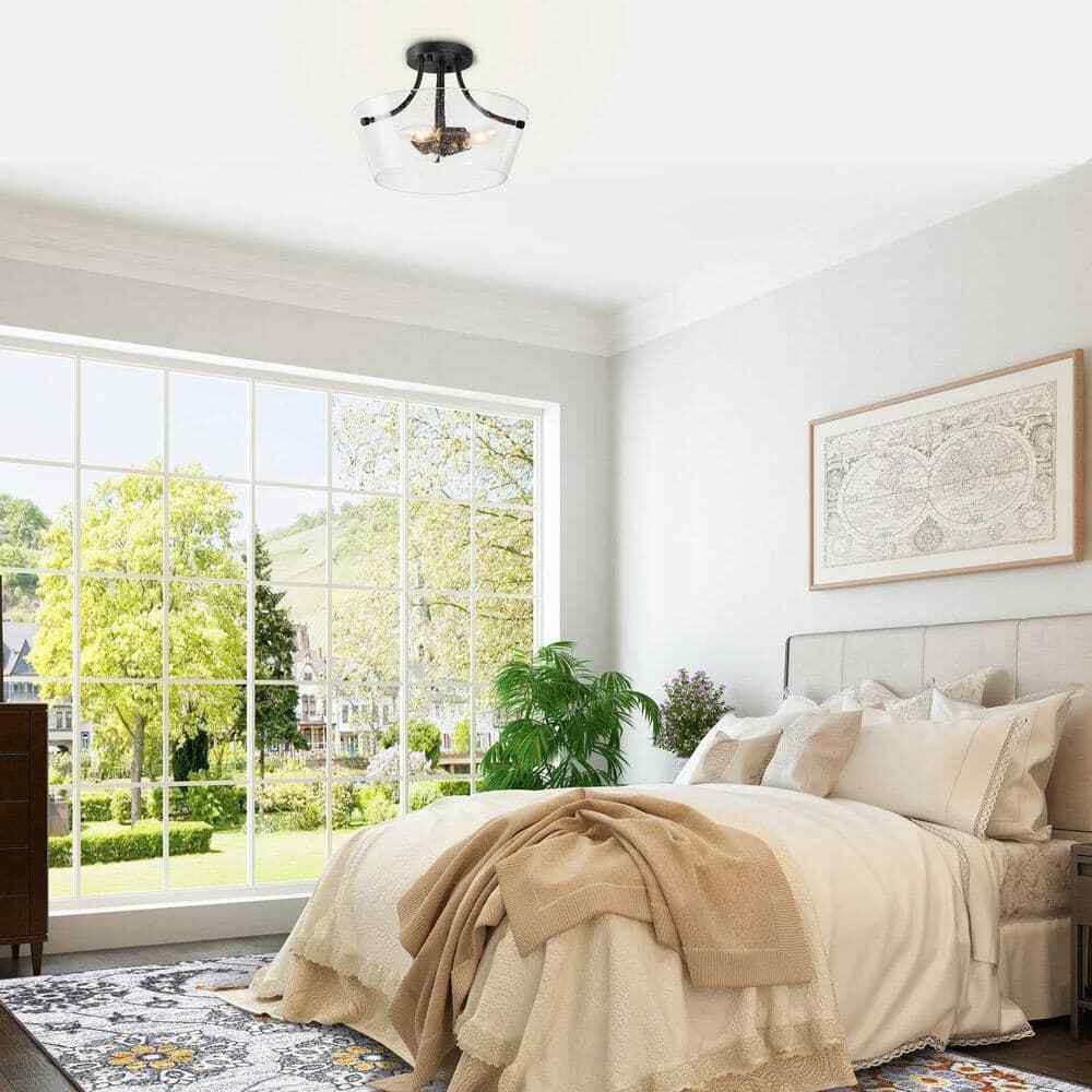 LNC Modern Black Farmhouse 3-Light Semi-Flush Mount Center-Bowl Ceiling Light