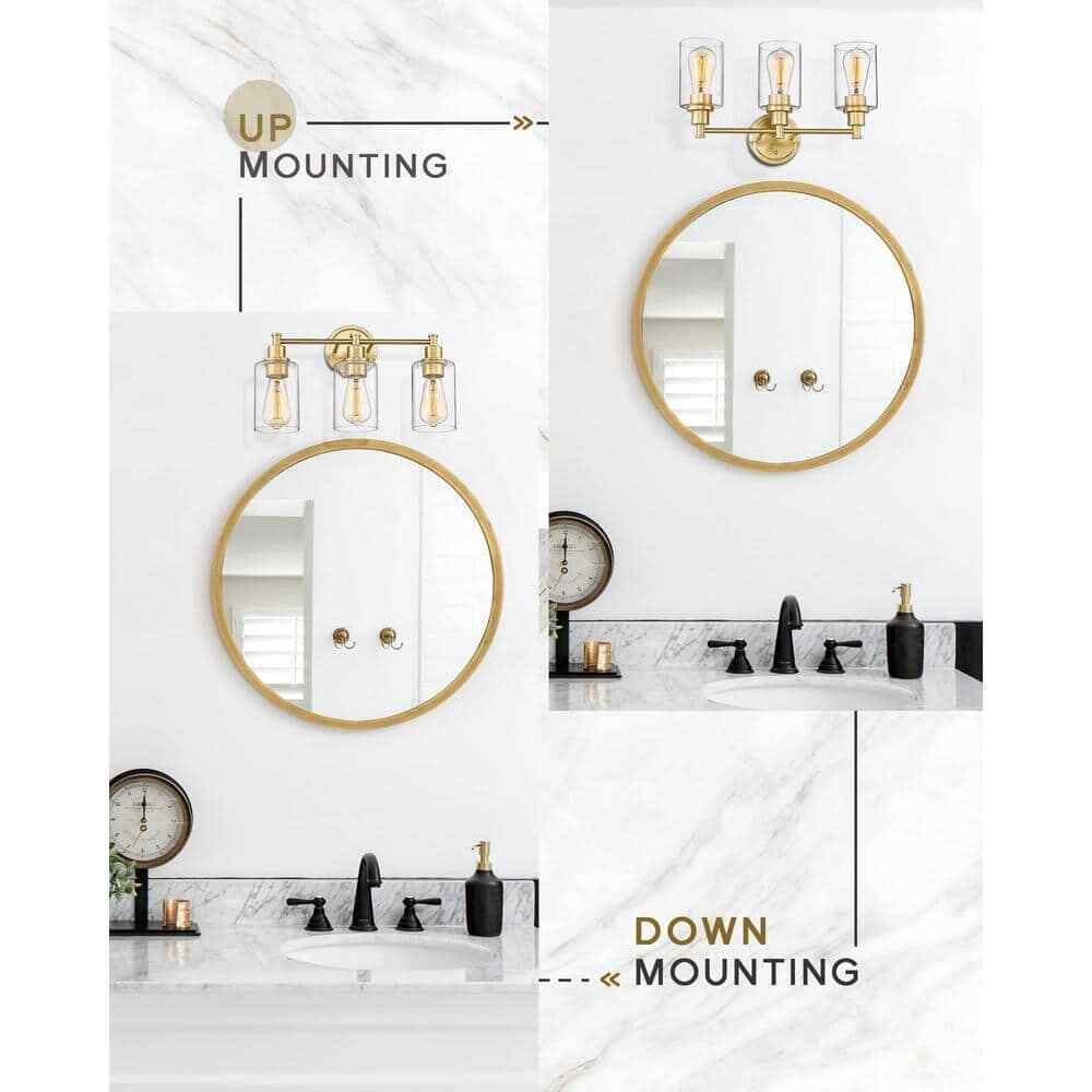 JAZAVA 17.25 in. 3-Light Champagne Bronze Vanity Light with Clear Glass Shade