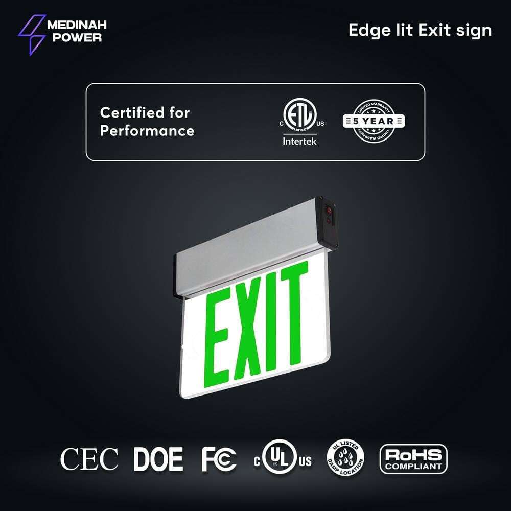 MEDINAH POWER LED Emergency Edge-Lit Exit Sign, Damp Rated GREEN Letters
