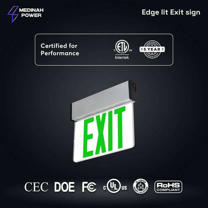 MEDINAH POWER LED Emergency Edge-Lit Exit Sign, Damp Rated GREEN Letters