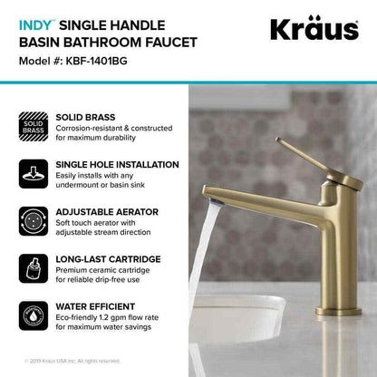KRAUS Indy Single Hole Single-Handle Basin Bathroom Faucet in Brushed Gold