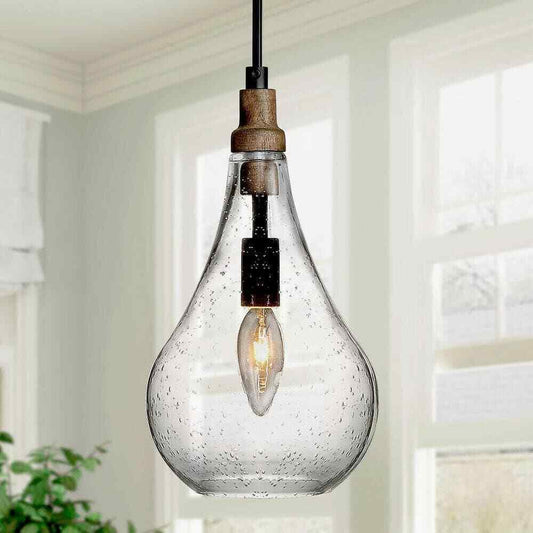 Uolfin Maya 1-Light Black Pendant Hanging Light with Seeded Teardrop Glass Shade