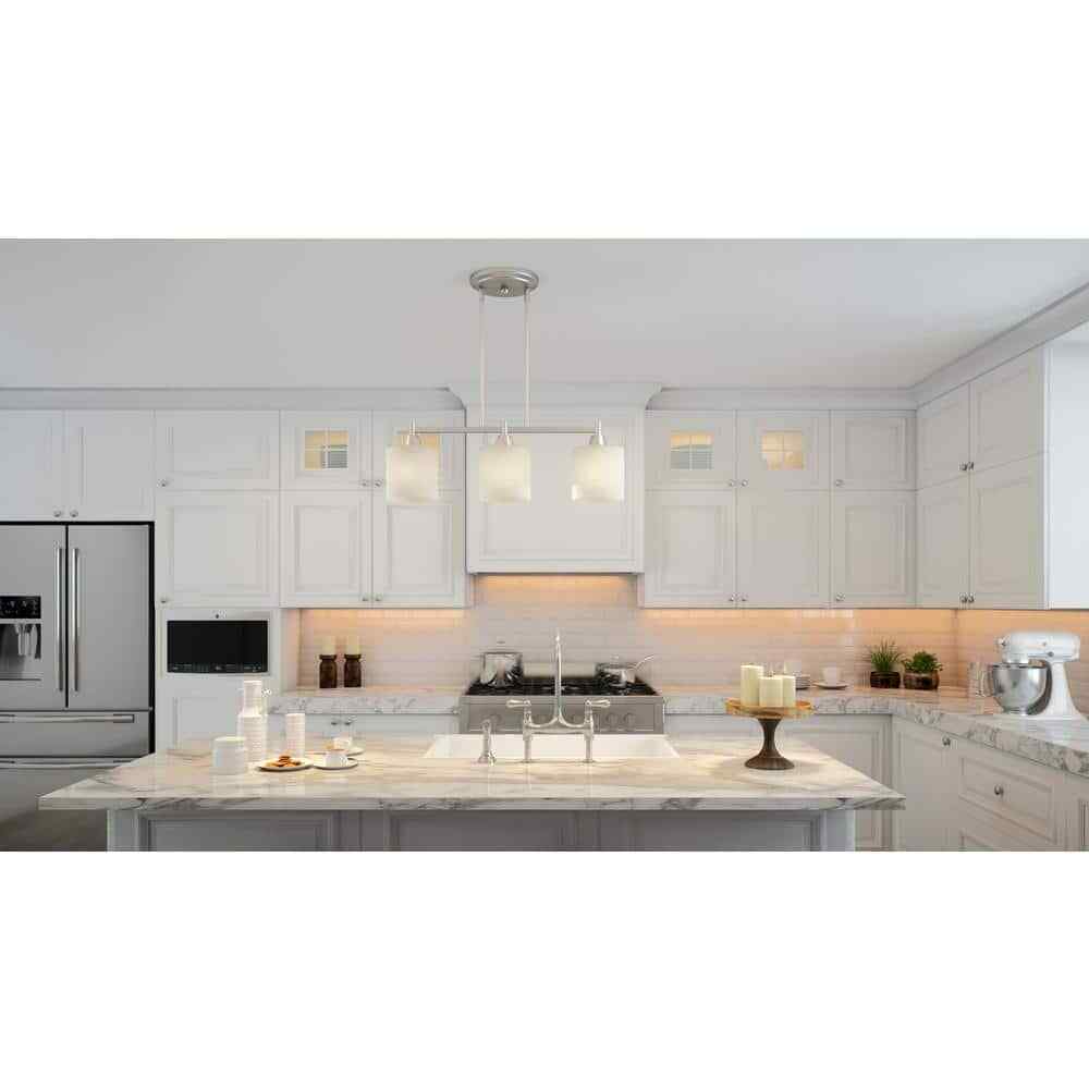 Hampton Bay Oron 3-Light Brushed Steel Island Light with White Glass Shades