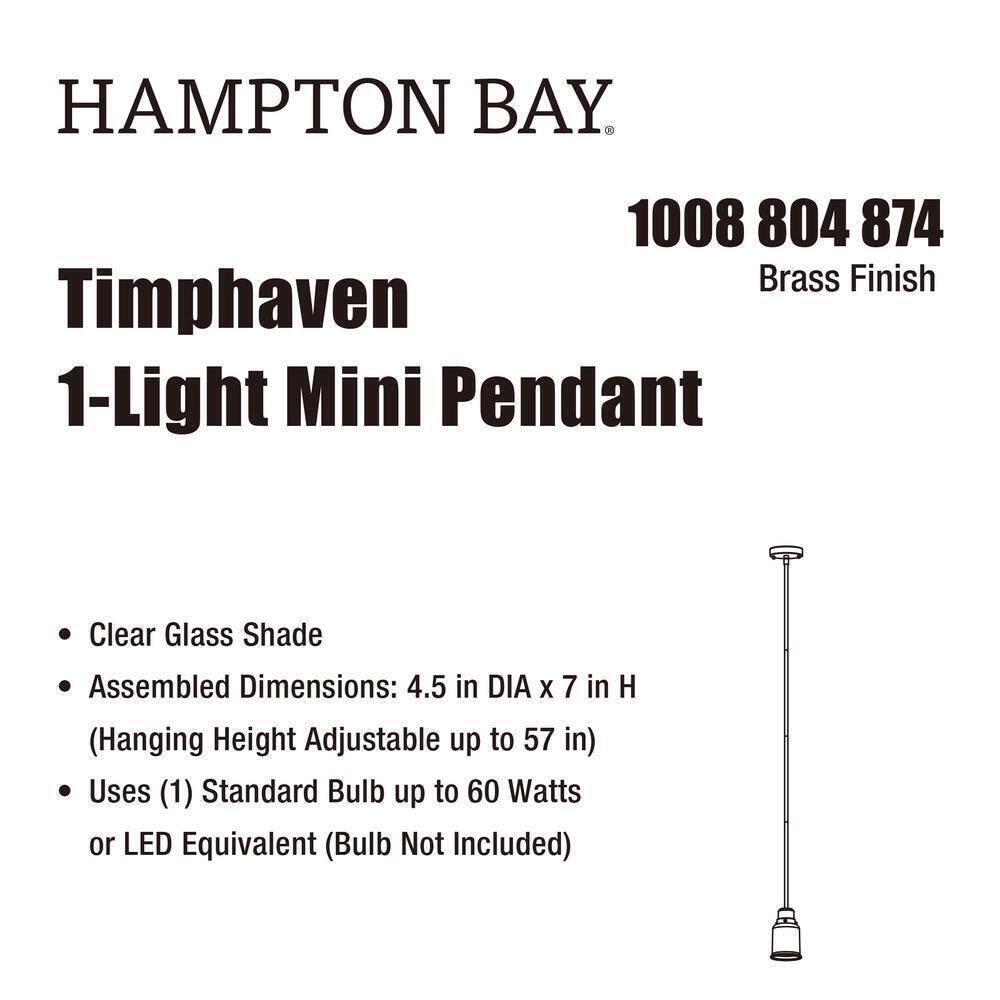 Hampton Bay Timphaven 1-Light Brass Shaded Mini-Pendant Clear Glass