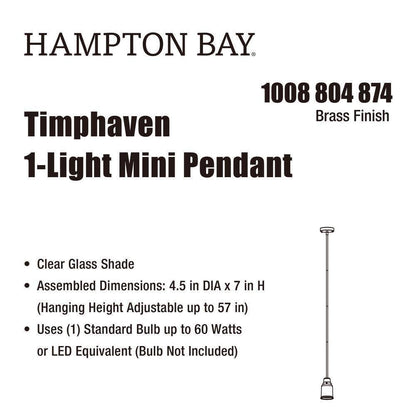 Hampton Bay Timphaven 1-Light Brass Shaded Mini-Pendant Clear Glass
