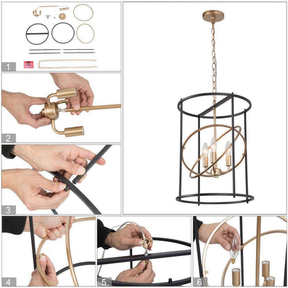 LNC Gold/Black Drum Candlestick 3-Light Transitional Cylinder Cage Pendant Light