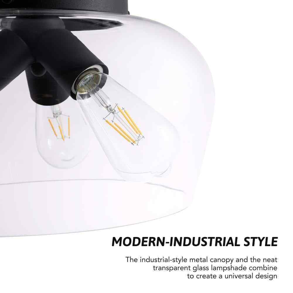 Merra 14 in. 3-Light Matte Black Semi-Flush Mount with Clear Glass Shade