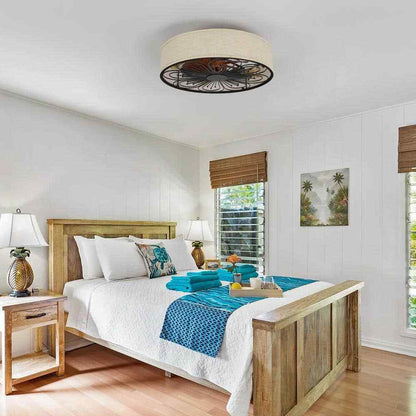 TOZING Indoor Bronze Fabric Farmhouse Flush Ceiling Fan w/ Light Kit and Remote