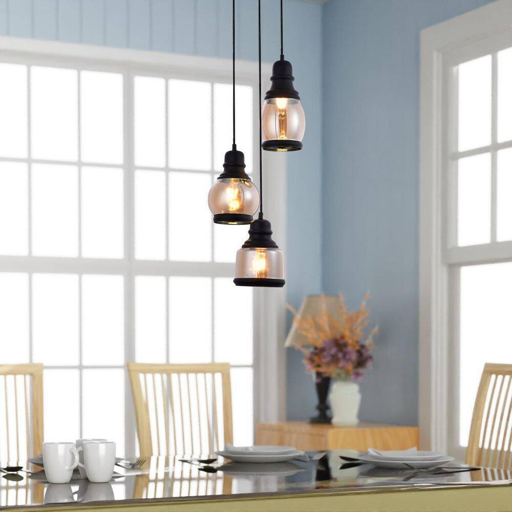 LAZZUR Vaige 13 in. 3-Light Matte Black Pendant with Amber Glass Shade