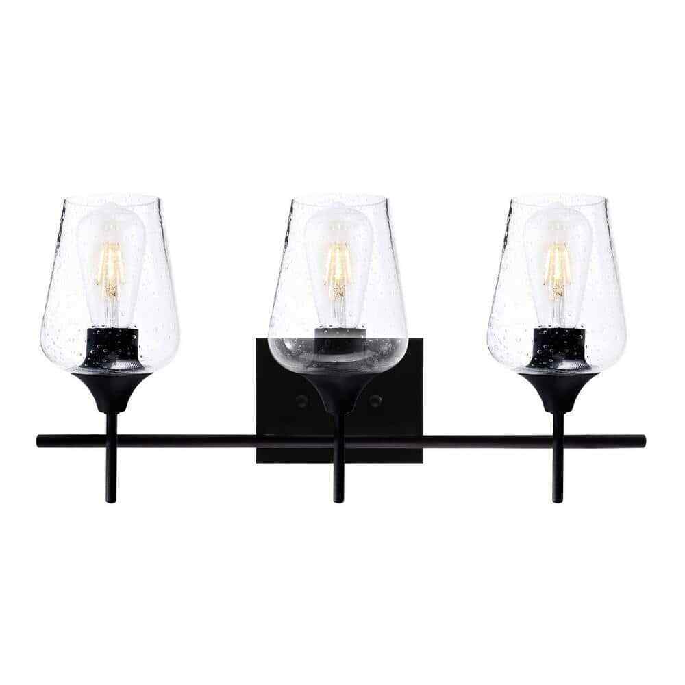 Merra 3-Light Black Bathroom Vanity Light with Seeded Glass Shades