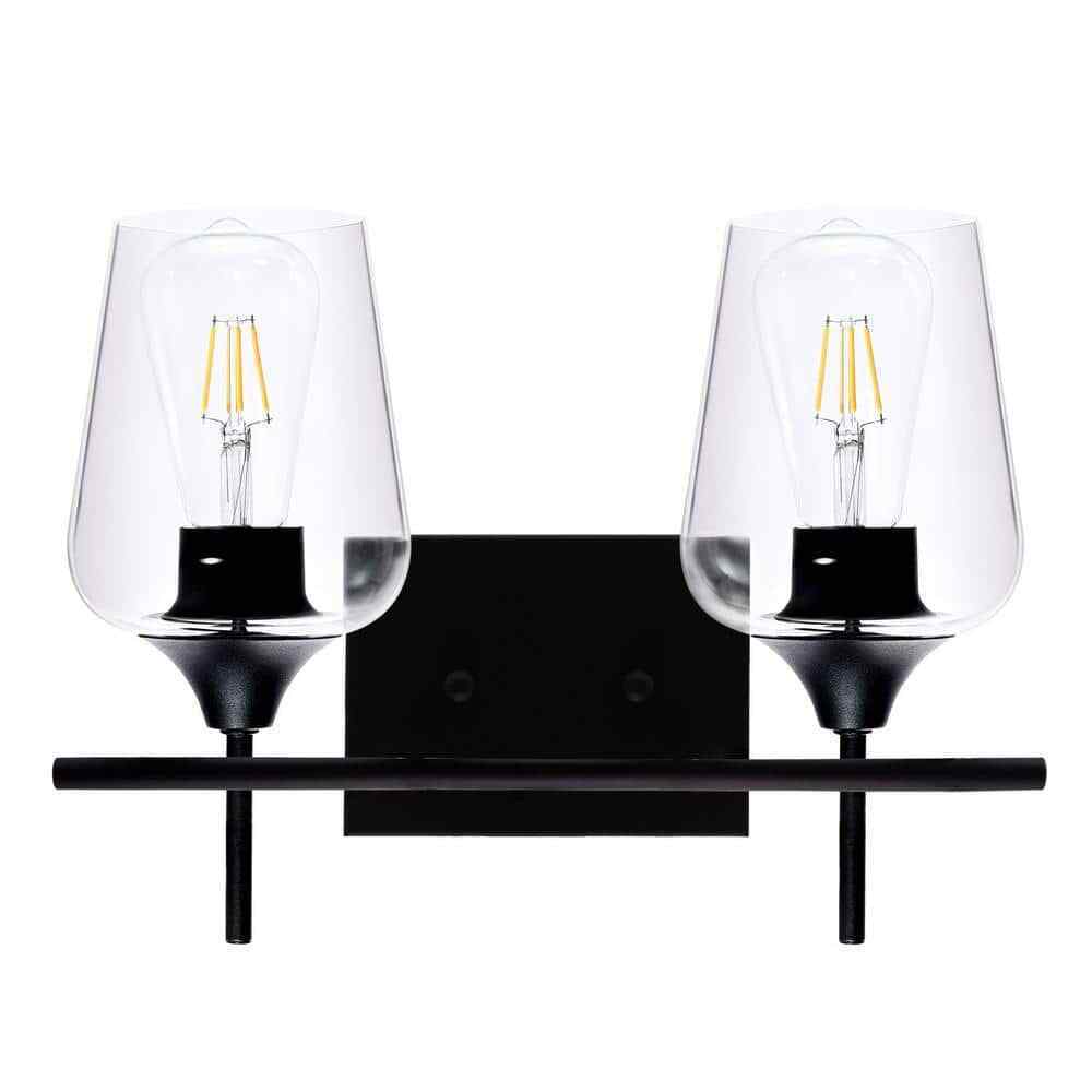 Merra 2-Light Matt Black Vanity Light Bathroom with Clear Glass Shades