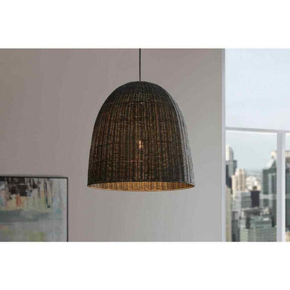 Hampton Bay Highler 1-Light Matte Black Pendant with Matte Black Rattan Shade
