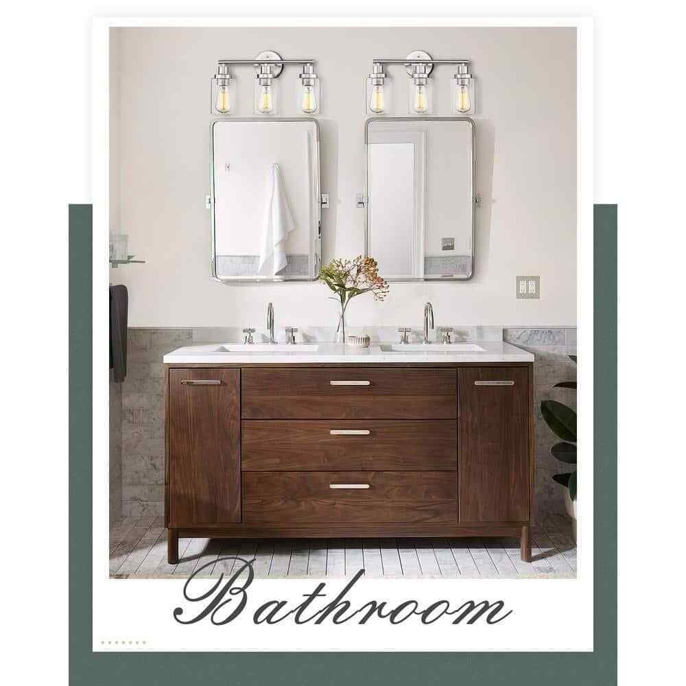 JAZAVA 3-Light Brushed Nickel Bathroom Vanity Light w/ Clear Shade Bathroom
