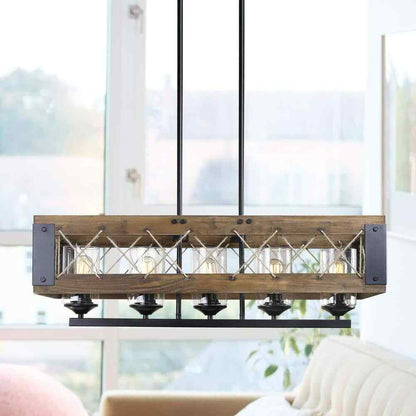 LALUZ Wood Chandelier Black Farmhouse Island 5-Light Rectangular Cage Chandelier