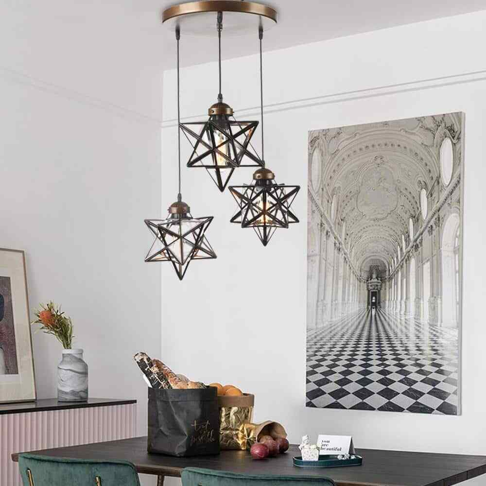 OUKANING 12 in. Brown Antique Moravian Star Pendant Light w/ Metal Glass Shade