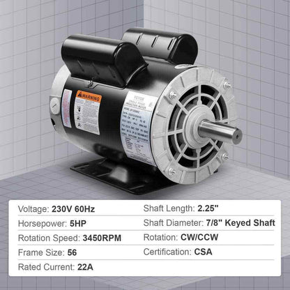 VEVOR 5HP Air Compressor Motor Single Phase Electric Motor  Keyed shaft 230V