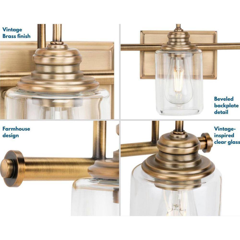 Progress Lighting Aiken 3-Light Vintage Brass Clear Glass Bath Vanity Light