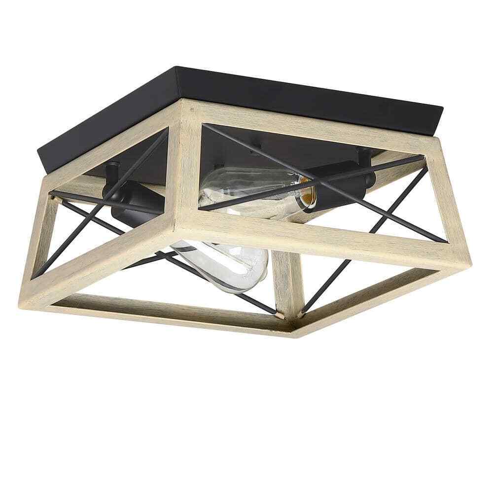 Hukoro Mousse 12 in. W 2-Light Flush Mount w/ Matte Black Finish and Oak Accents