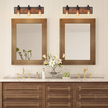 LNC Rustic Bathroom Vanity Light Wayner 3-Light Matte Black Wood Vanity Light