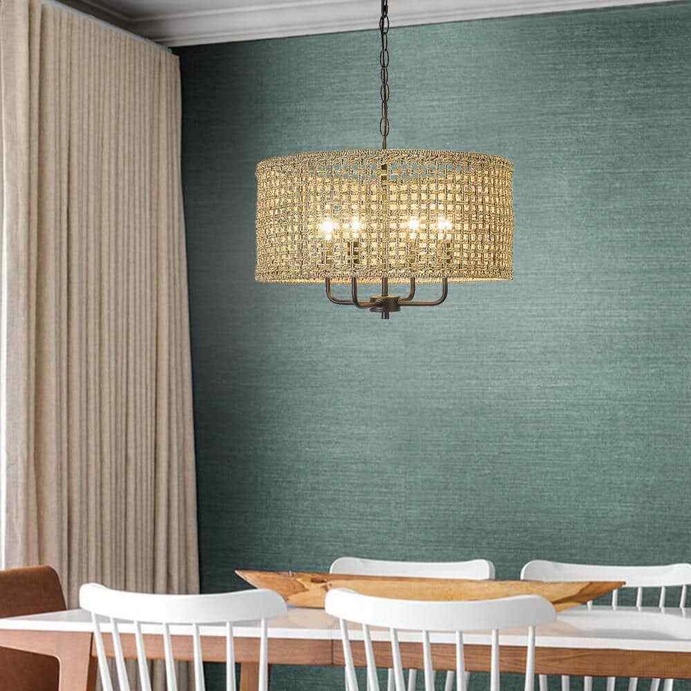 TRUE FINE Cape 20 in. 4-Light Bohemian Drum Chandelier w/ Lime Hand Woven Shade