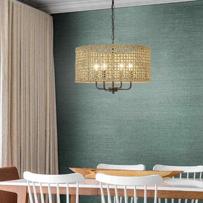 TRUE FINE Cape 20 in. 4-Light Bohemian Drum Chandelier w/ Lime Hand Woven Shade