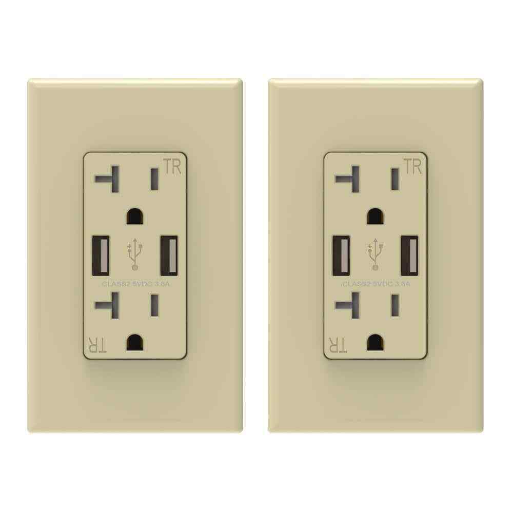 ELEGRP 3.6 Amp USB Dual Type A In-Wall Charger w/ 20 Amp Duplex Ivory 2-Pack