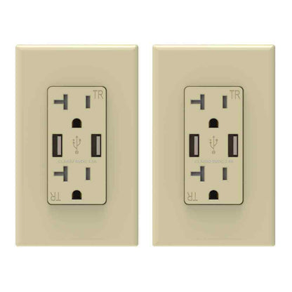 ELEGRP 3.6 Amp USB Dual Type A In-Wall Charger w/ 20 Amp Duplex Ivory 2-Pack