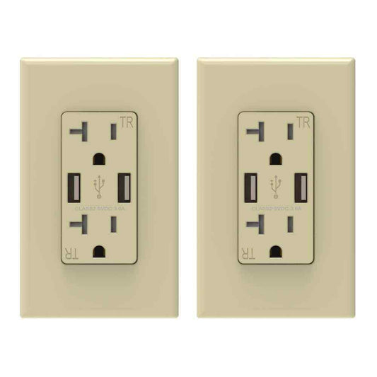 ELEGRP 3.6 Amp USB Dual Type A In-Wall Charger w/ 20 Amp Duplex Ivory 2-Pack