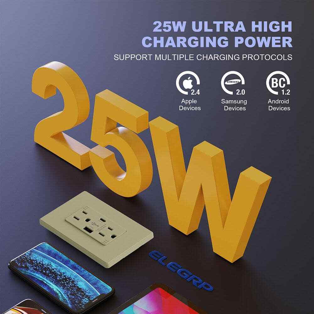 ELEGRP 25-Watt 15 Amp Type A and C Dual USB Charger w/ Duplex Outlet, Ivory