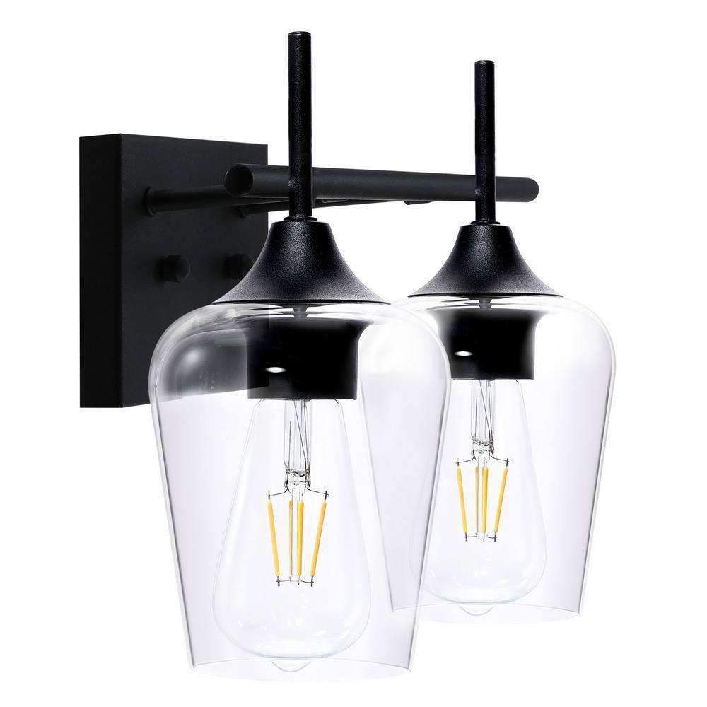Merra 2-Light Matt Black Vanity Light Bathroom with Clear Glass Shades